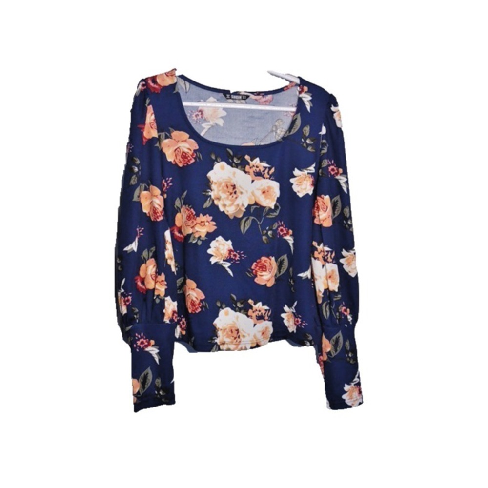 Shein Dark Navy with White & Orange Flowers Square Neck Bishop Sleeves Women XL